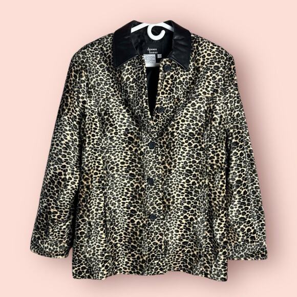 1990s Faux Leopard Fur Jacket With Leather Collar Large Mob Wife - Picture 1 of 4